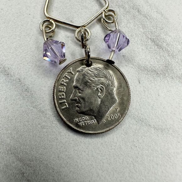 Purple Beaded US Dime Coin Dangle Earrings Pierced Pair - Picture 5 of 8